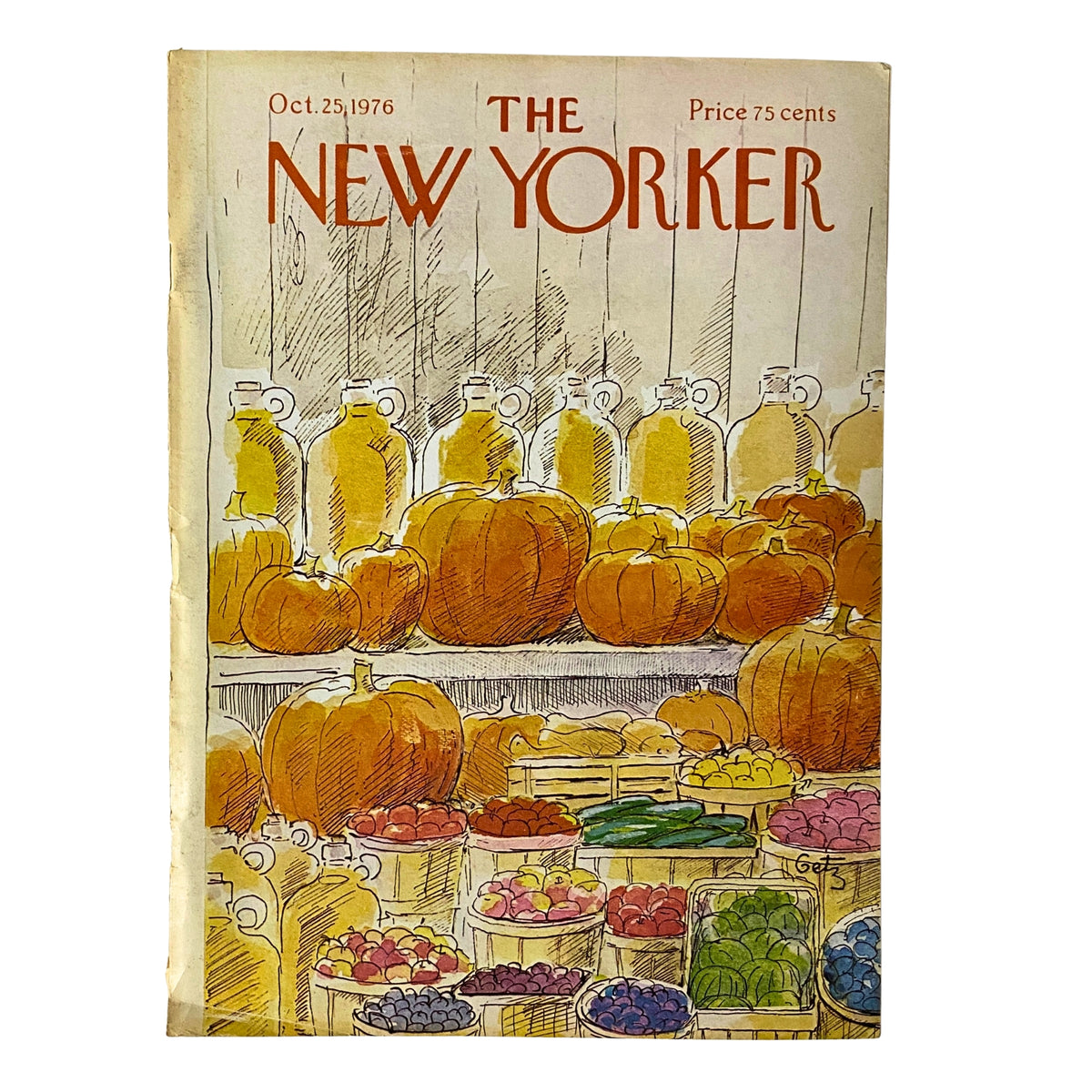 Cover of The New Yorker magazine dated October 25, 1976, featuring a vintage illustration by Arthur Getz showcasing pumpkins and a variety of fruits in a market scene.