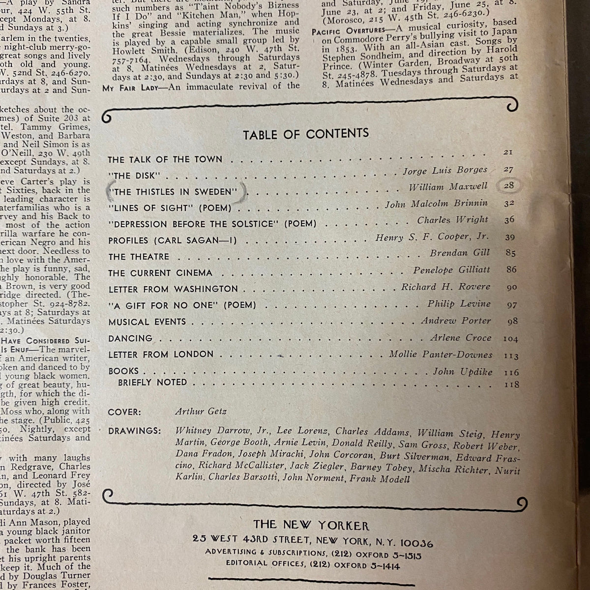 Table of contents of The New Yorker Full Magazine June 21, 1976, listing notable contributors such as Jorge Luis Borges, William Maxwell, and John Updike.