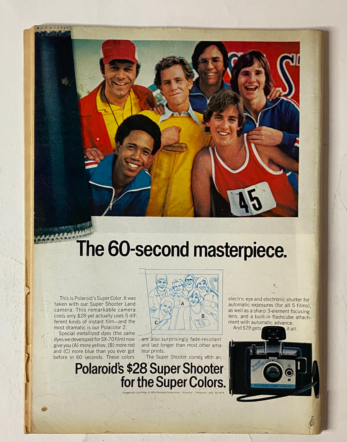 Image from The New Yorker Full Magazine June 21, 1976 featuring a Polaroid advertisement for Super Color film showcasing five smiling individuals at a sports event, promoting the $28 Super Shooter camera.