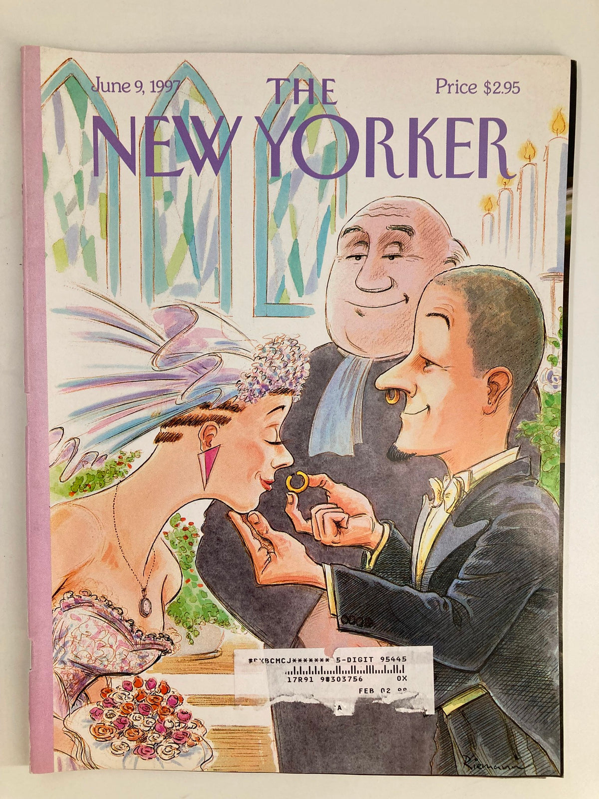 Cover of The New Yorker Full Magazine June 9 1997, featuring a wedding scene with a bride and groom exchanging rings, illustrated by George Riemann.