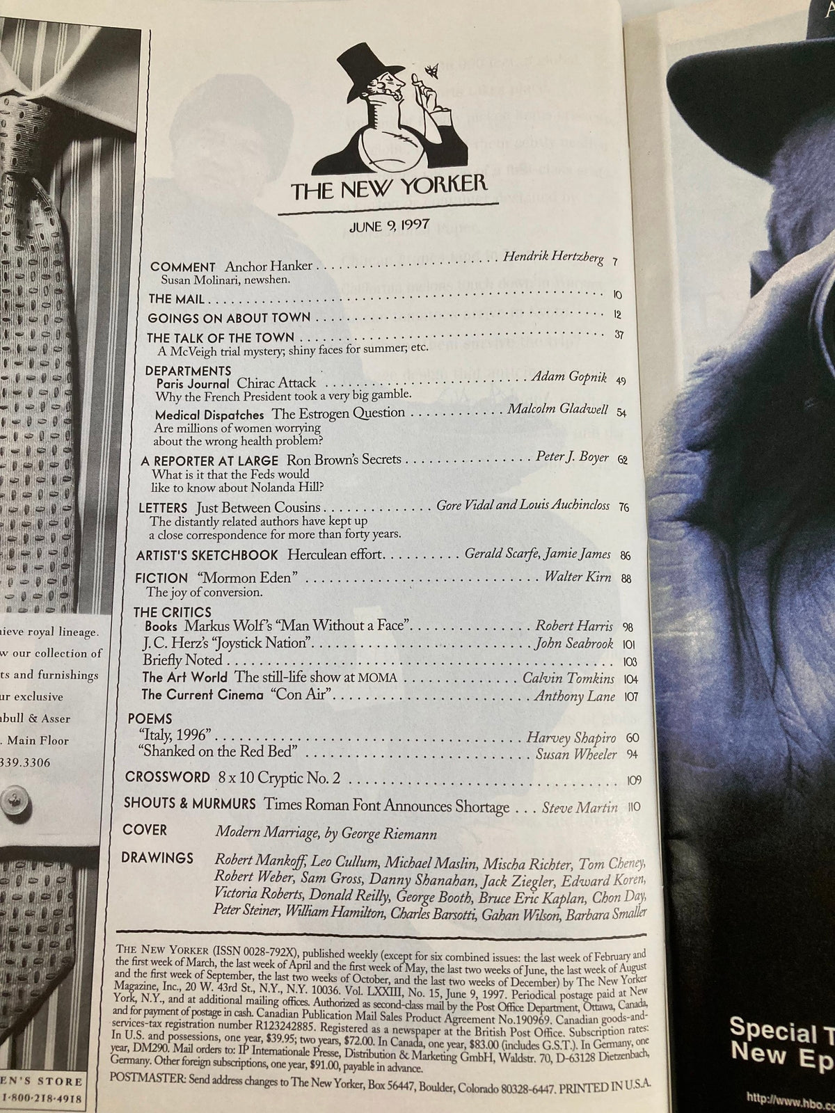 Table of contents from The New Yorker Full Magazine June 9 1997 featuring articles such as Modern Marriage by George Riemann, highlighting key contributors and topics of the issue.