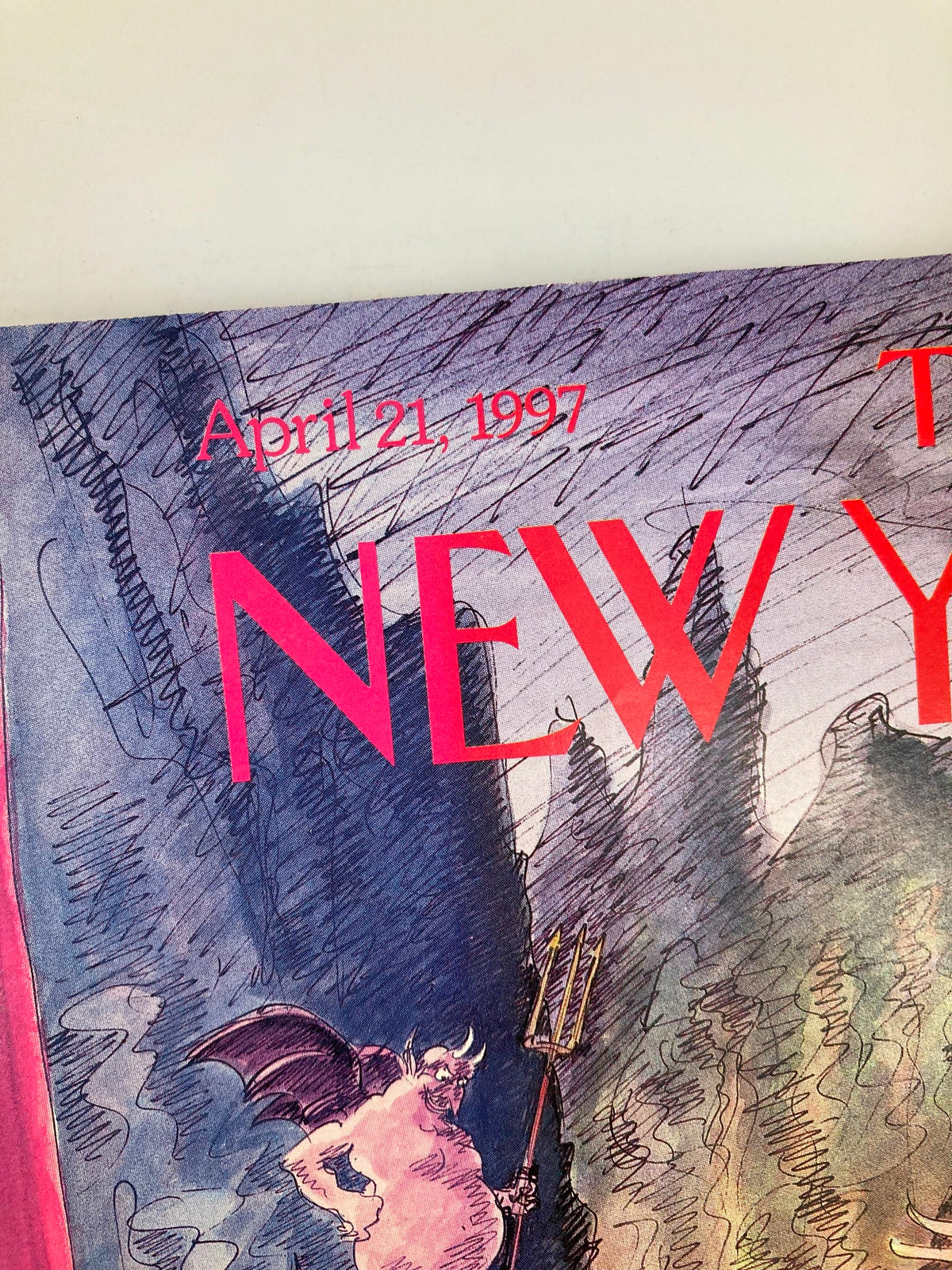 Top section of The New Yorker Full Magazine April 21 1997, displaying the issue date and title, highlighting the artistic style of Edward Sorel.