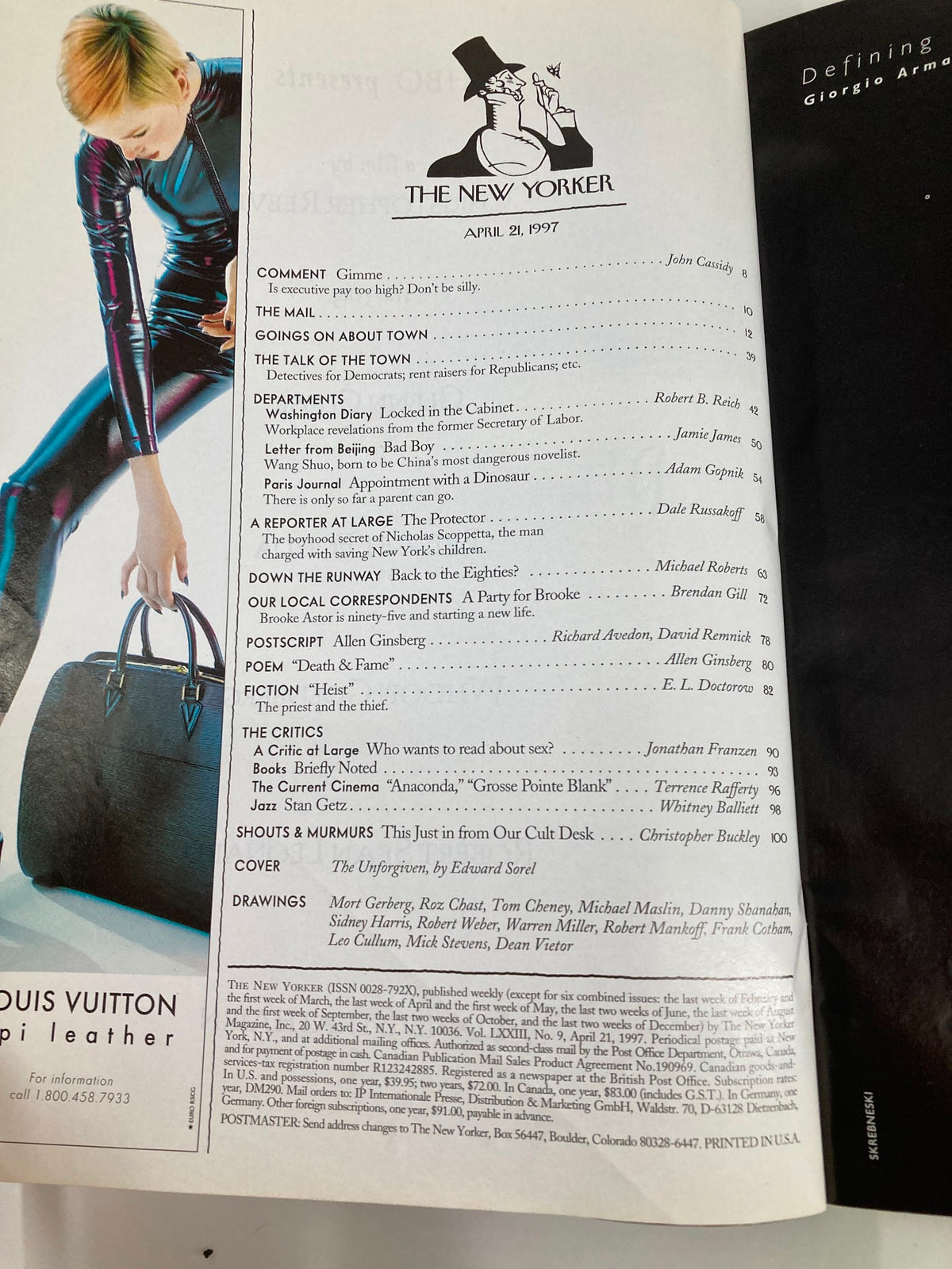 Table of contents page from The New Yorker Full Magazine April 21 1997, including various articles and features along with the distinctive branding of the magazine.