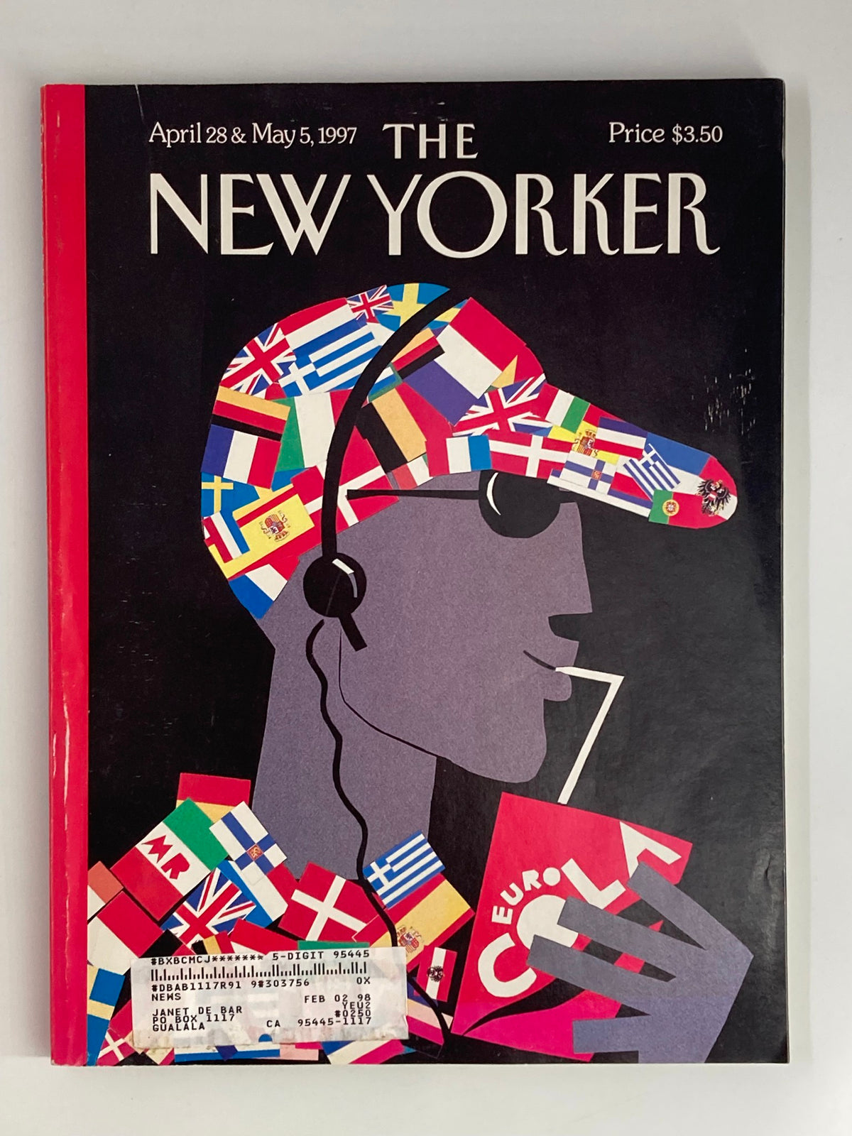 The New Yorker Full Magazine April 28 1997 cover featuring artwork titled Eurocentric by Michael Roberts, showcasing a character adorned with various country flags and holding a drink.
