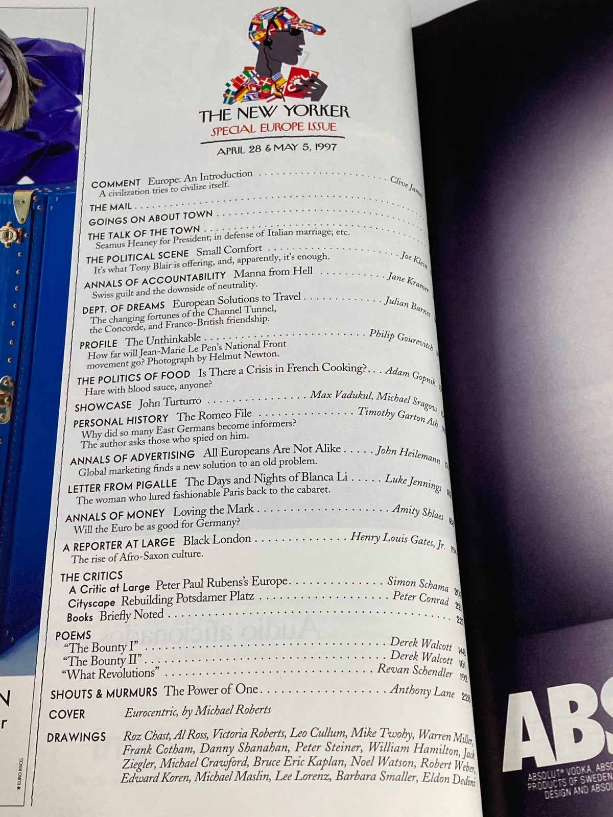 Inside view of The New Yorker Full Magazine April 28 1997, featuring the table of contents, emphasizing the special Europe issue with articles and illustrations.