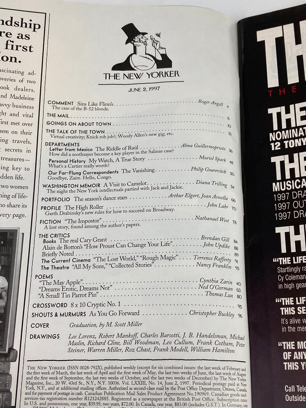 Table of contents page from The New Yorker Full Magazine June 2, 1997 Graduation by M. Scott Miller, featuring a list of articles and illustrations related to graduation and cultural commentary.
