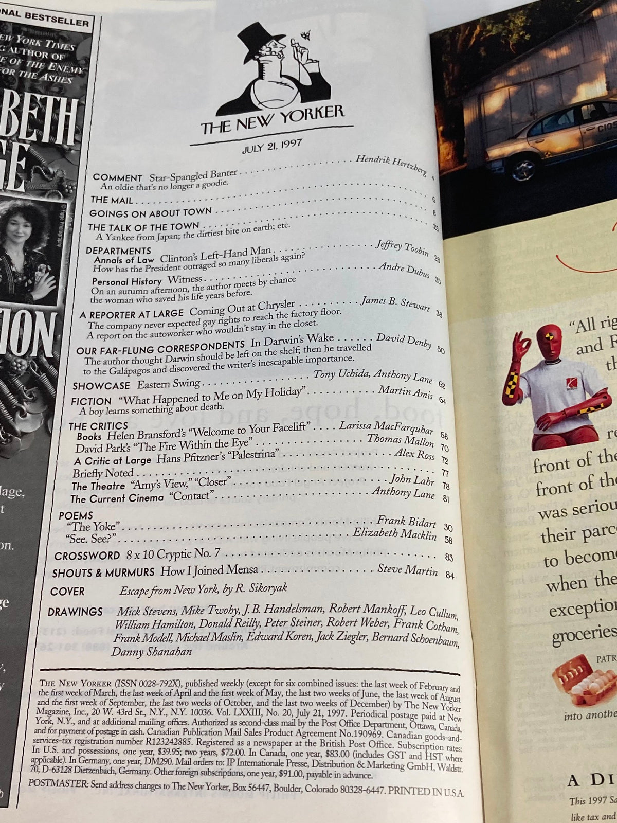 Contents page of The New Yorker magazine, July 21, 1997, listing articles and features including 'Escape from New York' by R. Sikoryak.