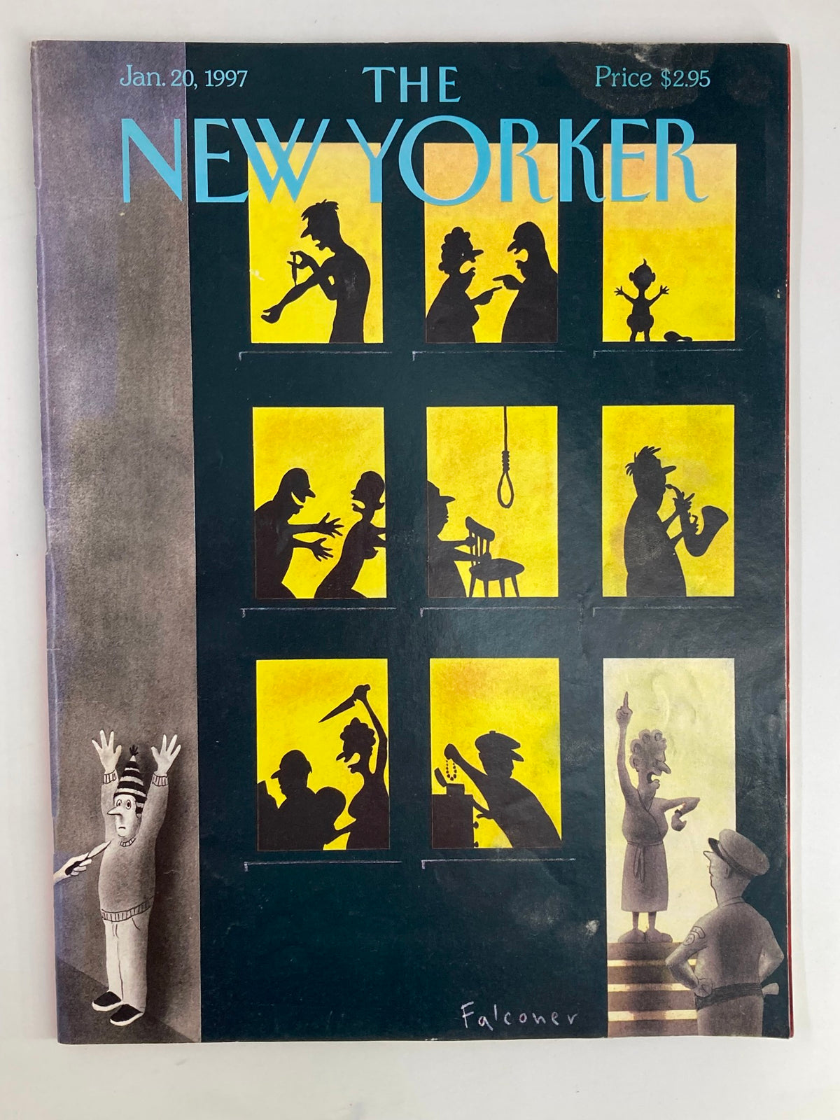 Cover of The New Yorker magazine dated January 20, 1997, featuring illustrations that portray various characters in silhouette against a vibrant yellow background, highlighting the theme 'Disturbing the Peace' by I. Falconer.