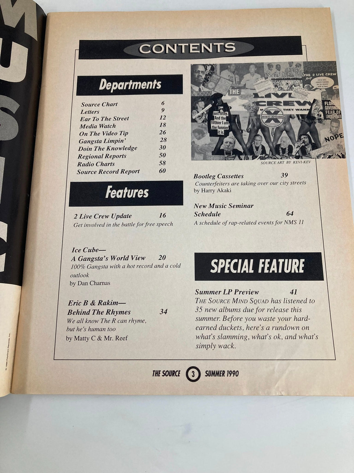 Contents page of The Source Magazine Summer 1990 Vol 3 No. 4 listing features about Ice Cube, 2 Live Crew, and other prominent topics in hip-hop during the early '90s.