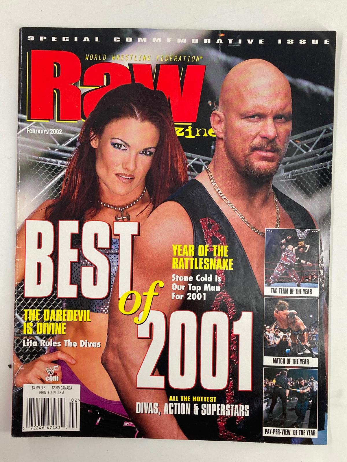 WWF Raw Magazine February 2002 featuring Lita and Stone Cold Steve Austin on the cover, highlighting the best of 2001 in wrestling.