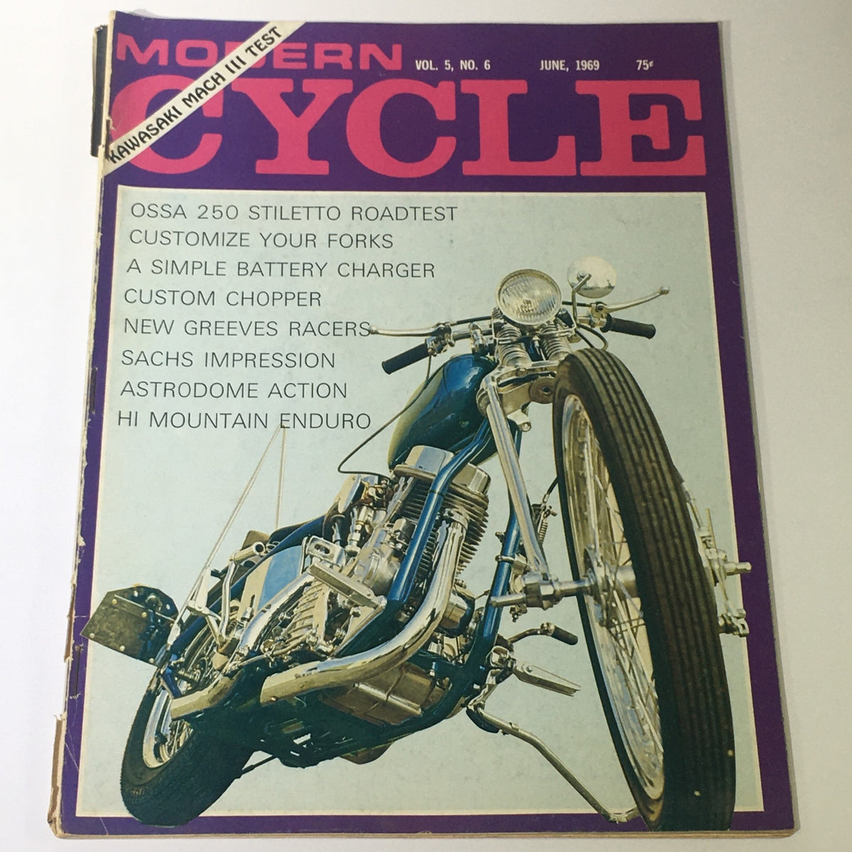 Cover of VTG Modern Cycle Magazine June 1969 featuring a detailed road test of the Ossa 250 Stiletto, showcasing a custom chopper design.