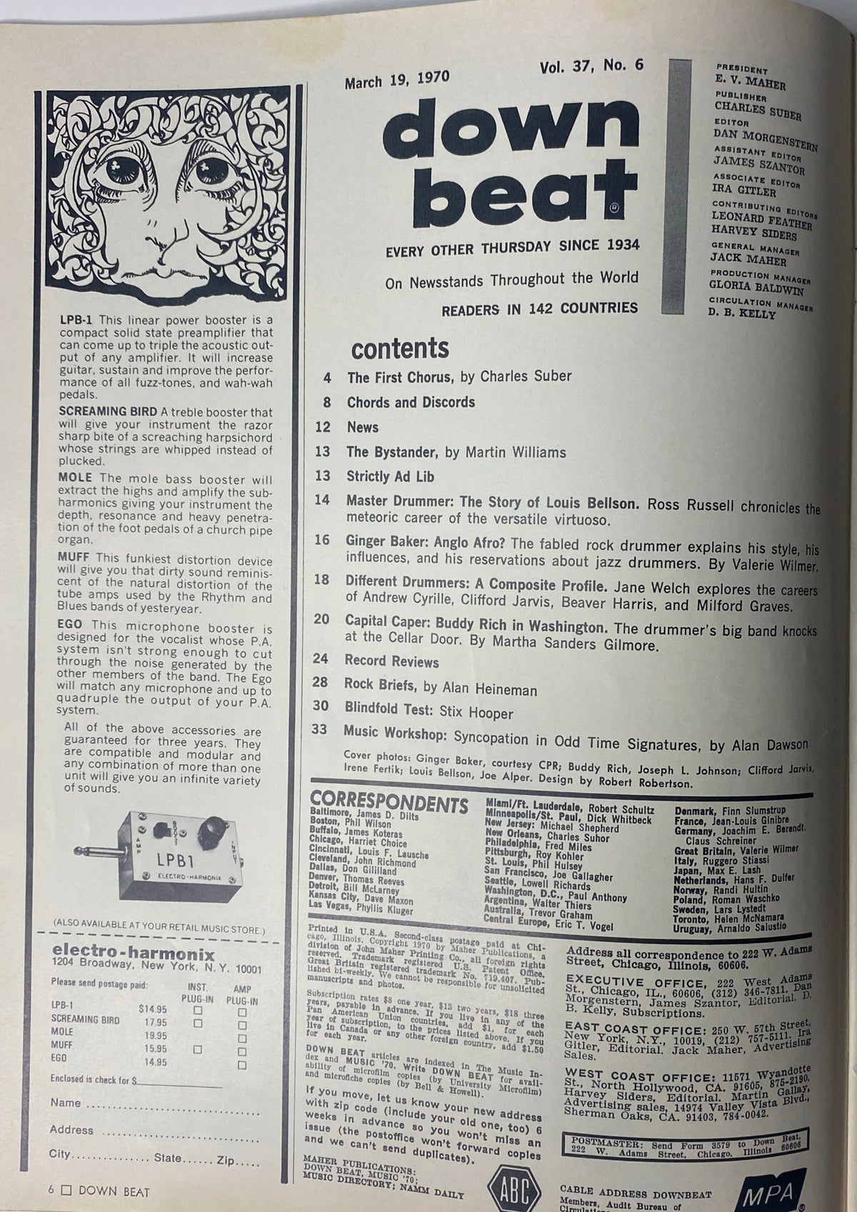 Inside page of Down Beat Magazine March 19, 1970, Vol 37 No. 6 showcasing the table of contents and articles related to influential drummers including Ginger Baker and Buddy Rich.