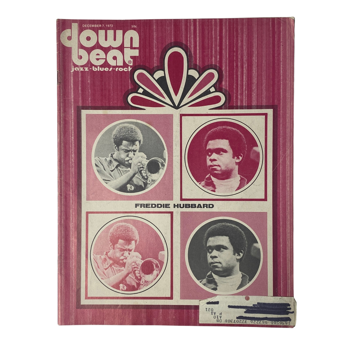 Cover of Down Beat Magazine December 7, 1972, Vol 39 No 20 featuring Freddie Hubbard with a bold pink design and cover art, highlighting important jazz figures.