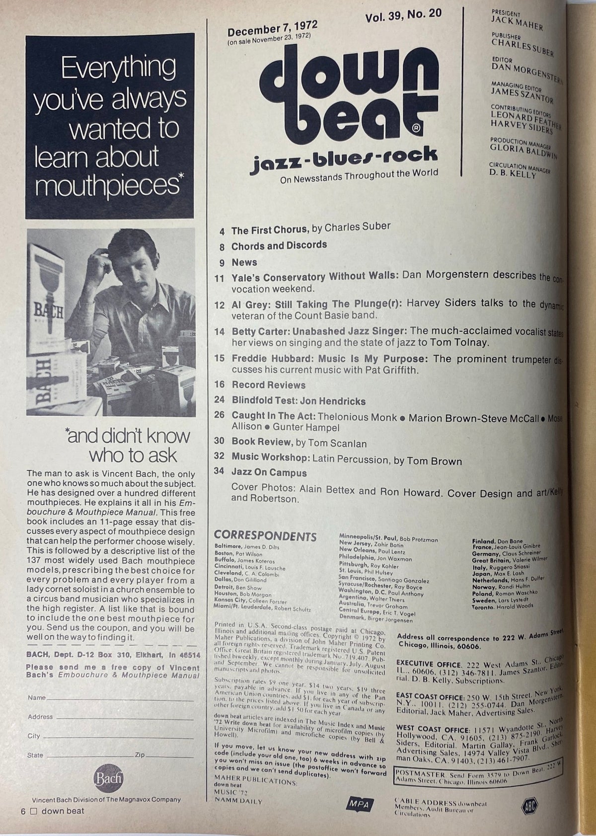 Table of contents from Down Beat Magazine December 7, 1972, Vol 39 No 20, showcasing articles, features, and interviews related to jazz, blues, and rock music.