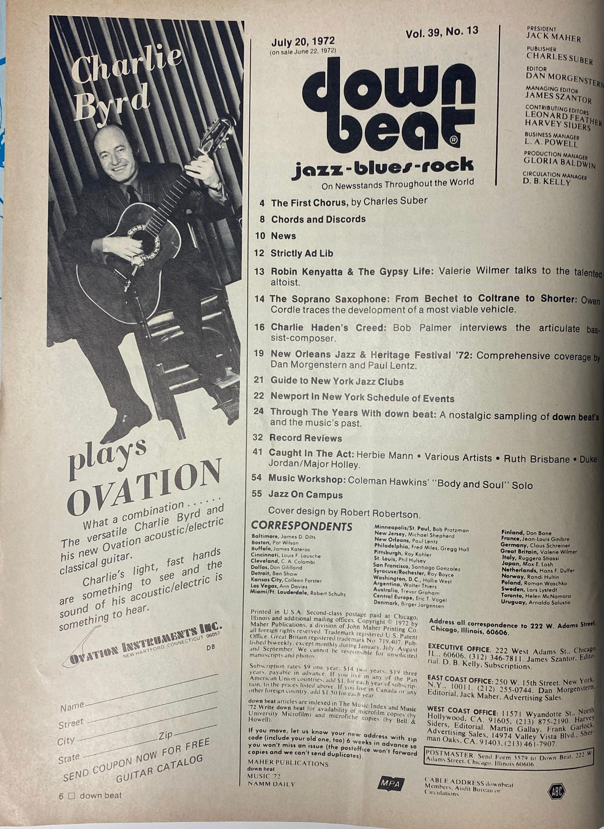 Inside page of Down Beat Magazine, July 20, 1972, Volume 39 No. 13, featuring an article about Robin Kenyatta and The Gypsy Life, along with a portrait of Charlie Byrd.