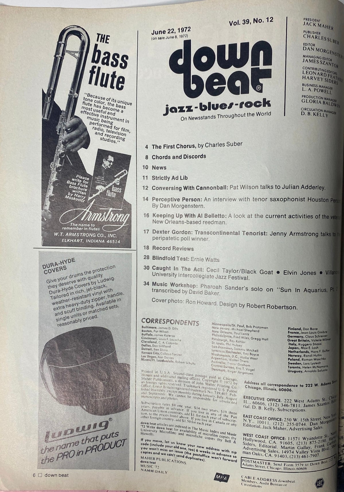 Table of Contents page from Down Beat Magazine, June 22, 1972 (Vol 39 No. 12), highlighting articles including 'The First Chorus' and 'Strictly Ad Lib', along with contributor names.