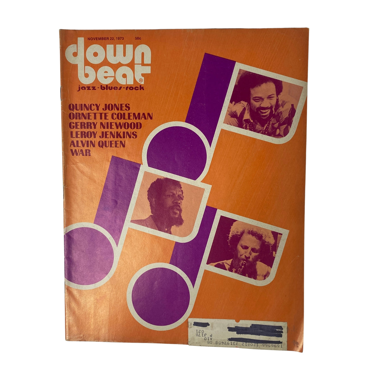 Cover of Down Beat Magazine November 22, 1973 Vol 40 No. 19 featuring Quincy Jones, Leroy Jenkins, and images representing jazz musicians and themes like Ornette Coleman and War.
