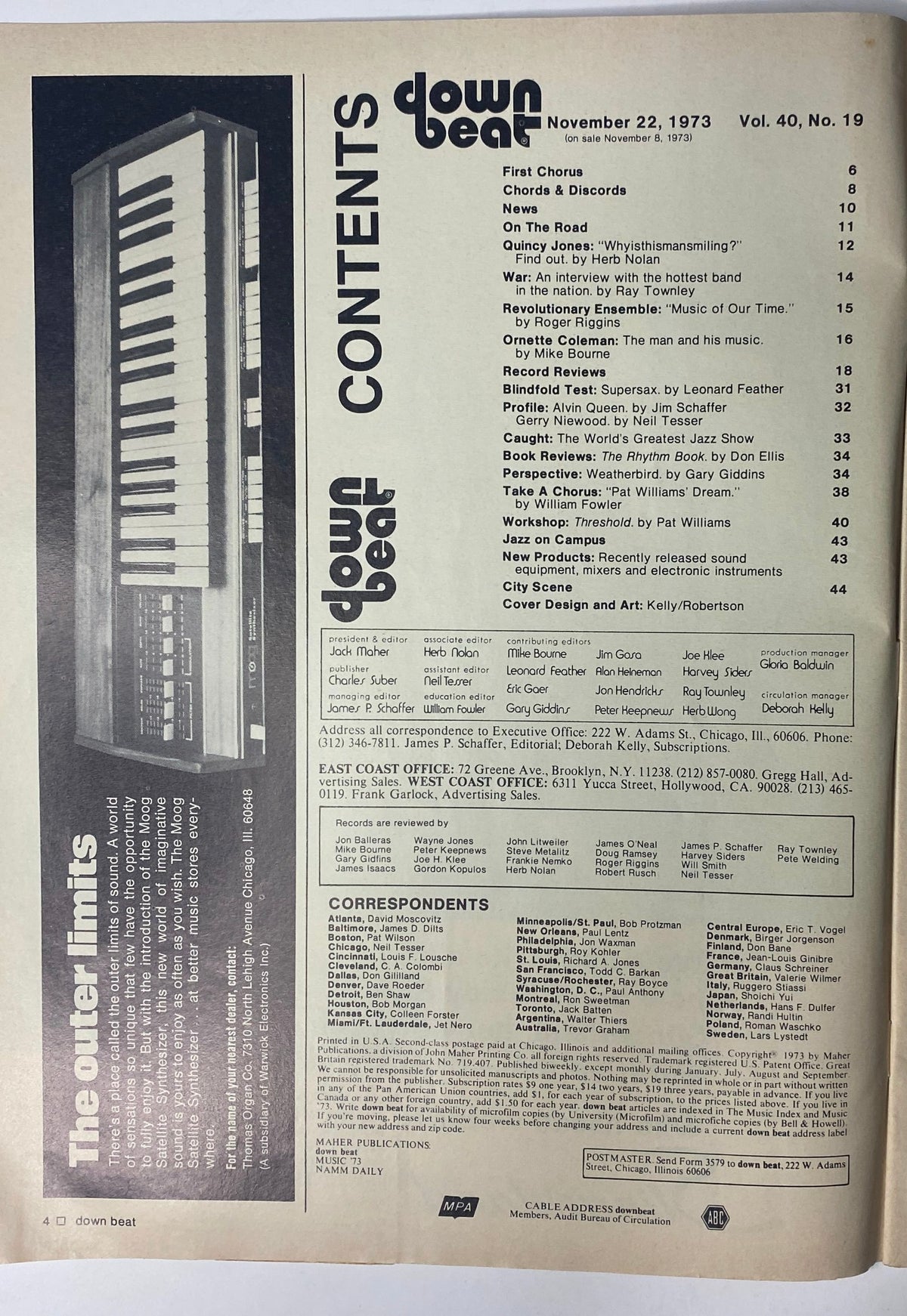 Table of contents from Down Beat Magazine November 22, 1973 Vol 40 No. 19, detailing various articles and features including profiles on Quincy Jones, Leroy Jenkins, and other notable jazz artists.