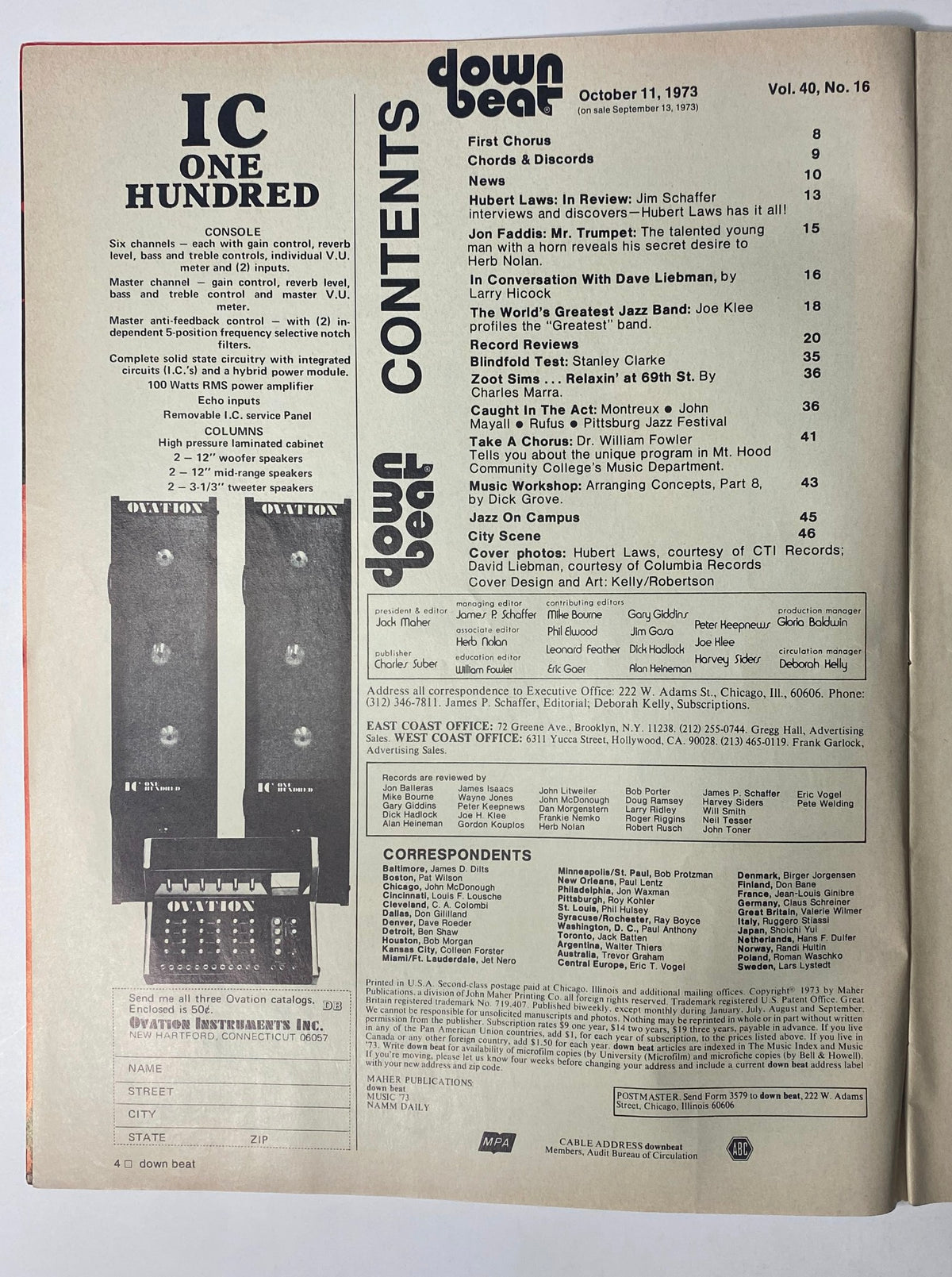 Inside page of Down Beat Magazine, October 11, 1973, displaying the contents of Vol 40 No 16, including various articles and features on jazz artists and music.