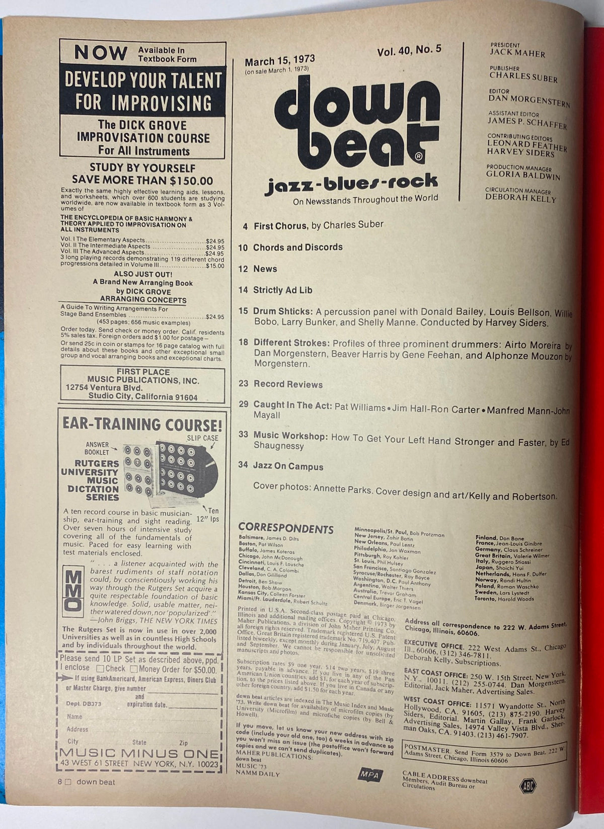 Page from Down Beat Magazine March 15, 1973, Vol 40 No. 5, featuring articles on percussion led by Harvey Siders with notable drummers like Louis Bellson and Willie Bobo, including a table of contents and cover photography credits.