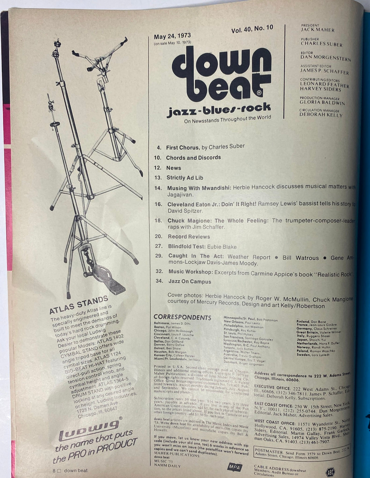 Inside page of Down Beat Magazine May 24, 1973 Vol 40 No. 10, displaying the table of contents including articles by Charles Suber and features on jazz musicians.