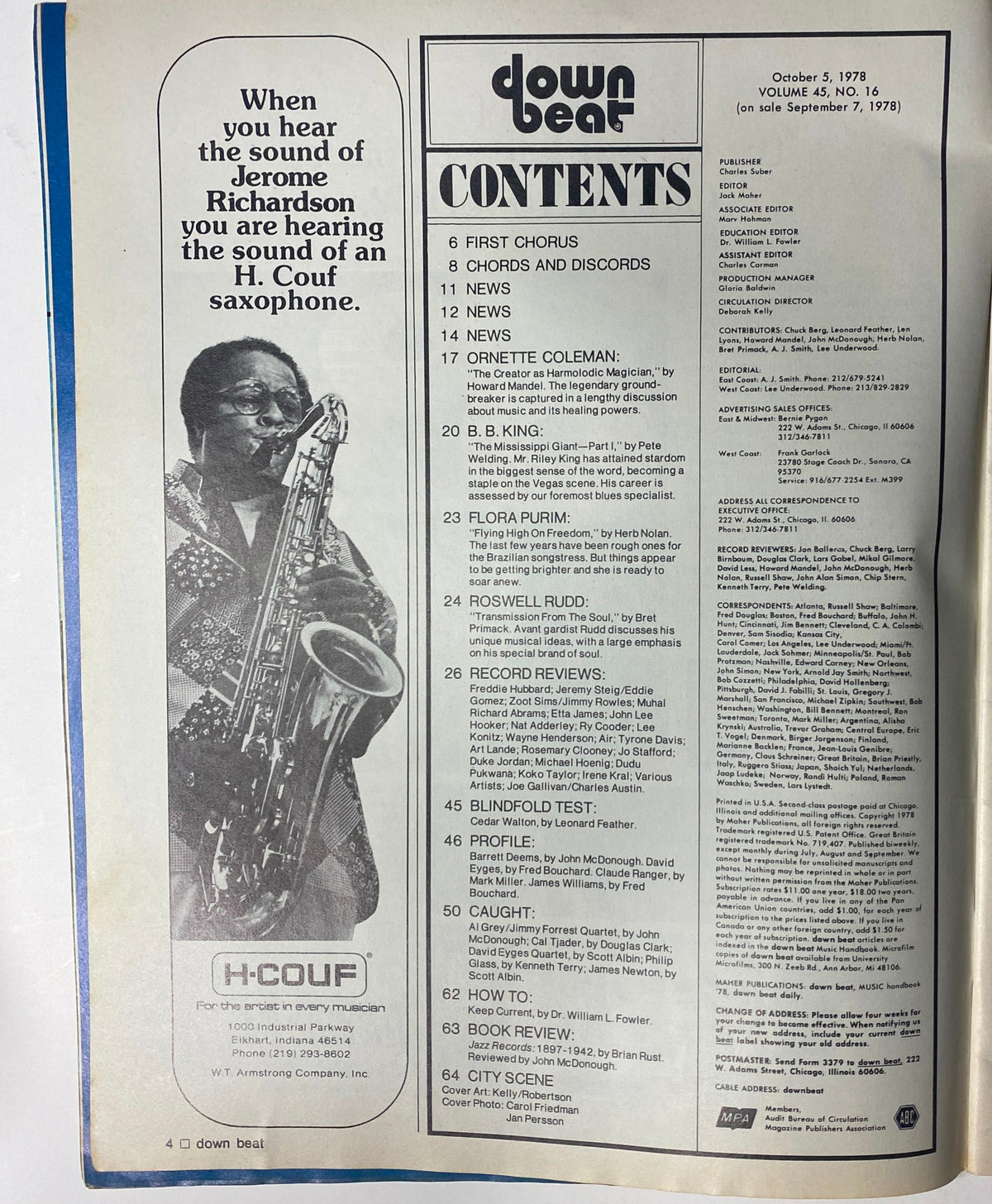 Table of contents of Down Beat Magazine, October 5, 1978, detailing articles featuring Ornette Coleman, Flora Purim, and other notable musicians from the issue.