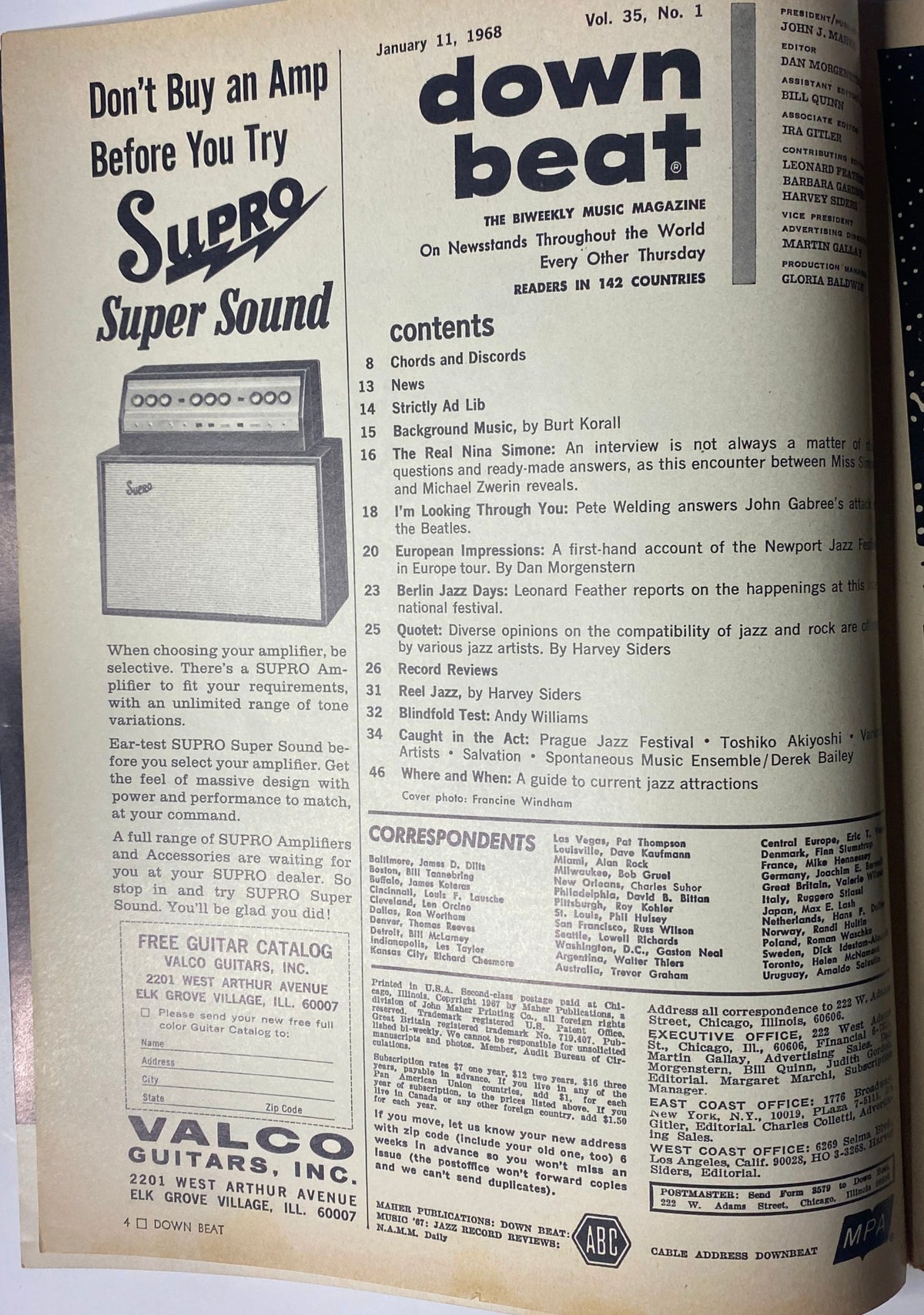 Inside page of Down Beat Magazine January 11, 1968 Vol 35 No. 1 listing contents and features including Nina Simone interview and reviews.