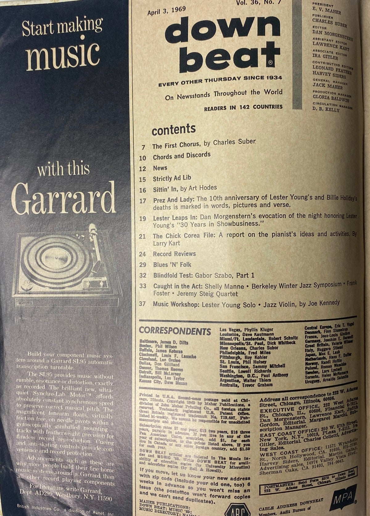 Cover of Down Beat Magazine, April 3, 1969, Vol. 36 No. 7 featuring articles on jazz legends Lester Young and Billie Holiday, including a table of contents highlighting significant features such as tributes and profiles.