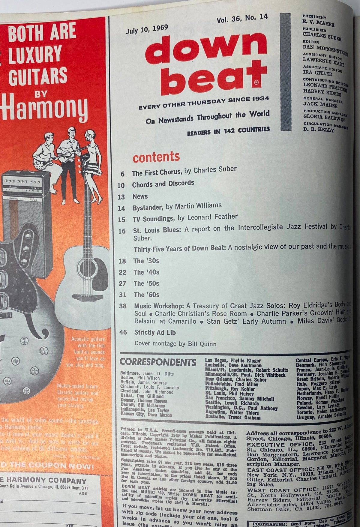 Inside page of Down Beat Magazine July 10, 1969 Vol 36 No 14, displaying the table of contents with articles like 'The First Chorus' and 'Music Workshop', emphasizing the magazine's coverage of jazz through four decades.