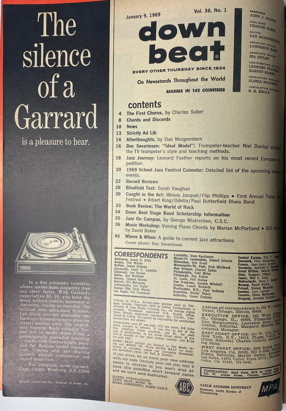 Cover page of Down Beat Magazine, January 9, 1969, Vol 36 No. 1 featuring a prominent article on Doc Severinsen and the table of contents highlighting various music articles and features.