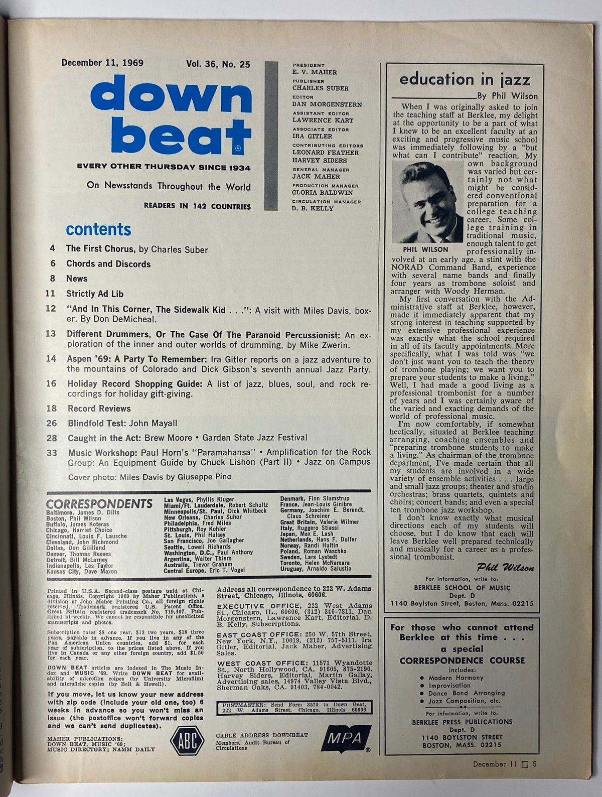 Table of contents from Down Beat Magazine December 11, 1969 Vol. 36 No. 25, listing features like articles on Miles Davis and jazz education.