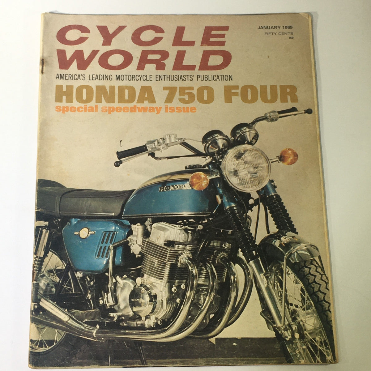 Cover image of Cycle World Magazine January 1969 featuring Honda 750 Four, a special speedway issue, showcasing motorcycle culture and design.