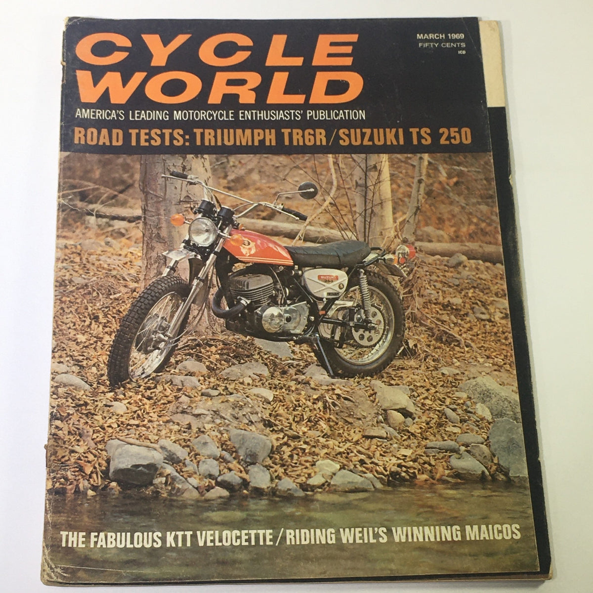 Cover of VTG Cycle World Magazine from March 1969 featuring road tests of the Triumph TR6R and Suzuki TS 250, showcasing a motorcycle on a forest backdrop.