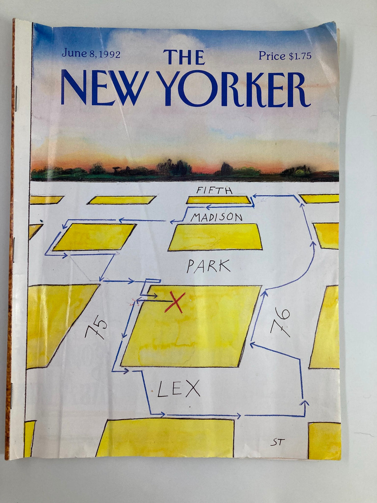 Cover of The New Yorker magazine dated June 8, 1992, featuring a whimsical street map layout of New York City with labeled streets such as Fifth, Madison, Park, and Lex.
