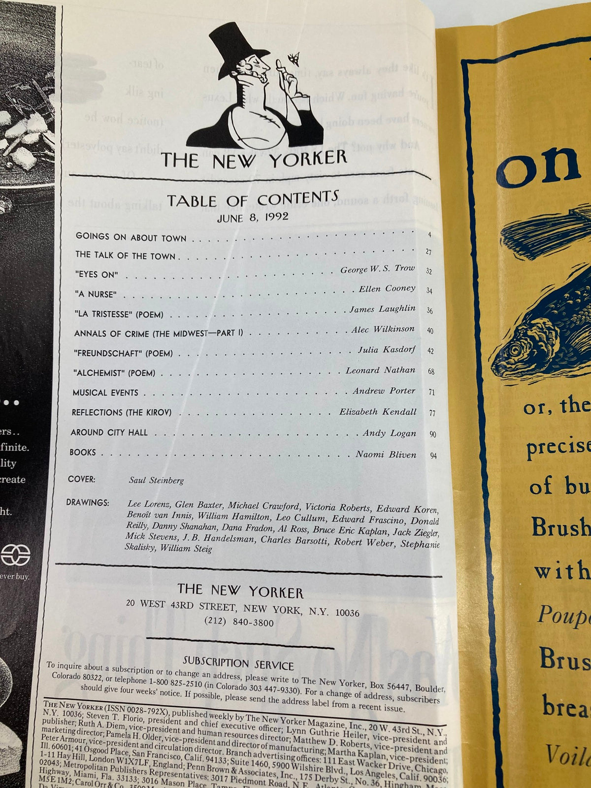 Table of contents from The New Yorker magazine, June 8, 1992 featuring the cover by Saul Steinberg, listing articles and poems including 'A Nurse' and 'Reflections (The Kirov)'. This edition captures the vibrant literary culture of New York.