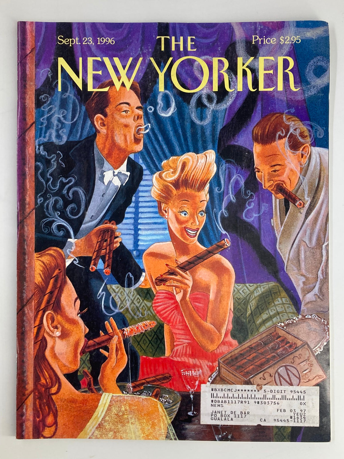 Cover of The New Yorker magazine, September 23, 1996, featuring the artwork "Social Lights" by M. Scott Miller, depicting vibrant social scenes with figures enjoying cigars and cocktails.