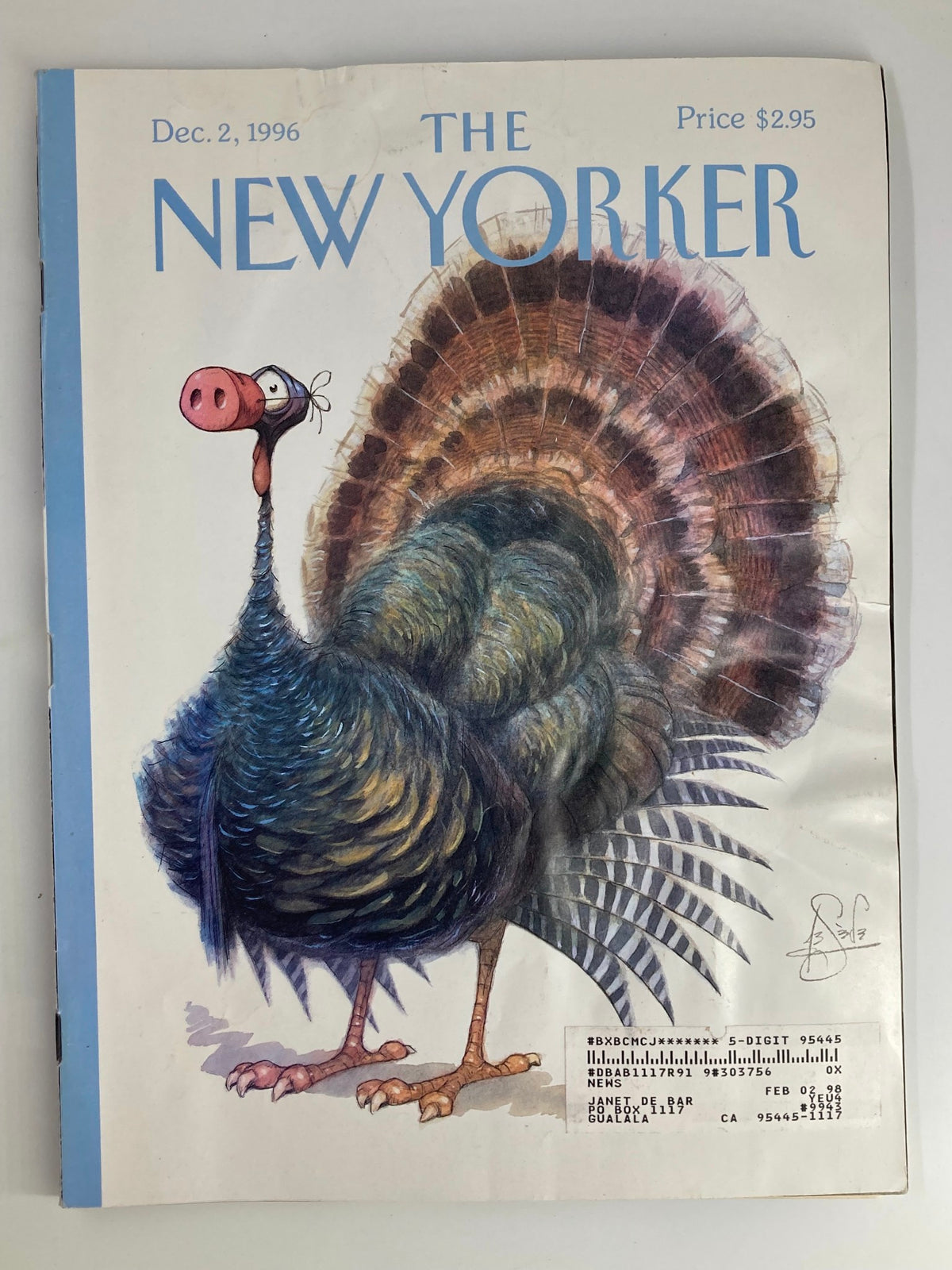The New Yorker Full Magazine December 2 1996 cover featuring 'Dressed Turkey' by Peter de Seve, showcasing vibrant illustration with a whimsical turkey design.