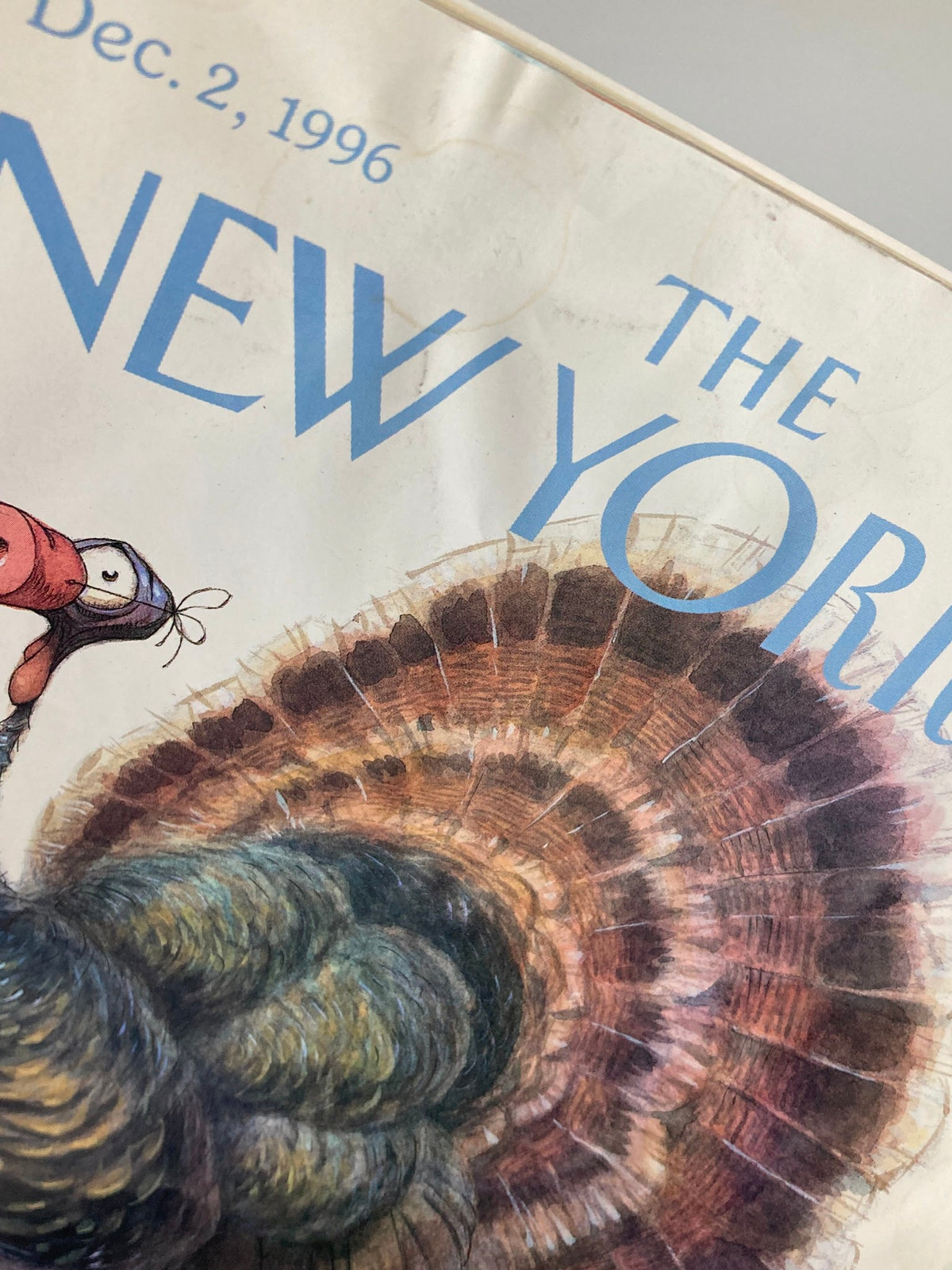 Close-up of The New Yorker Full Magazine December 2 1996 cover, displaying the detailed artwork of 'Dressed Turkey' by Peter de Seve.