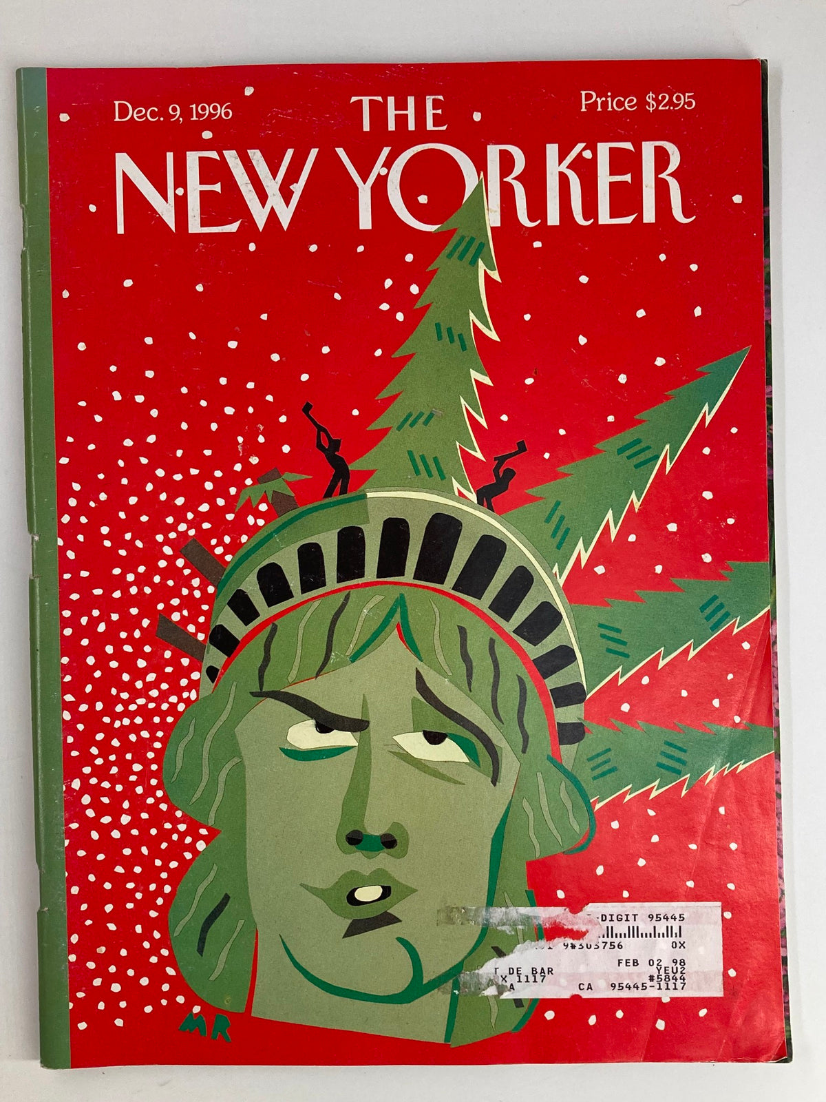 Cover of The New Yorker Full Magazine December 9 1996 featuring artwork titled 'Christmas Chopping' by M. Roberts, depicting a stylized Statue of Liberty amidst a snowy festive background with Christmas trees.