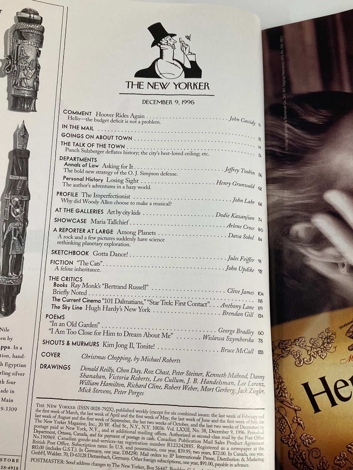 Table of contents page from The New Yorker Full Magazine December 9 1996, listing featured articles and illustrations, including the cover artwork by M. Roberts titled 'Christmas Chopping'.