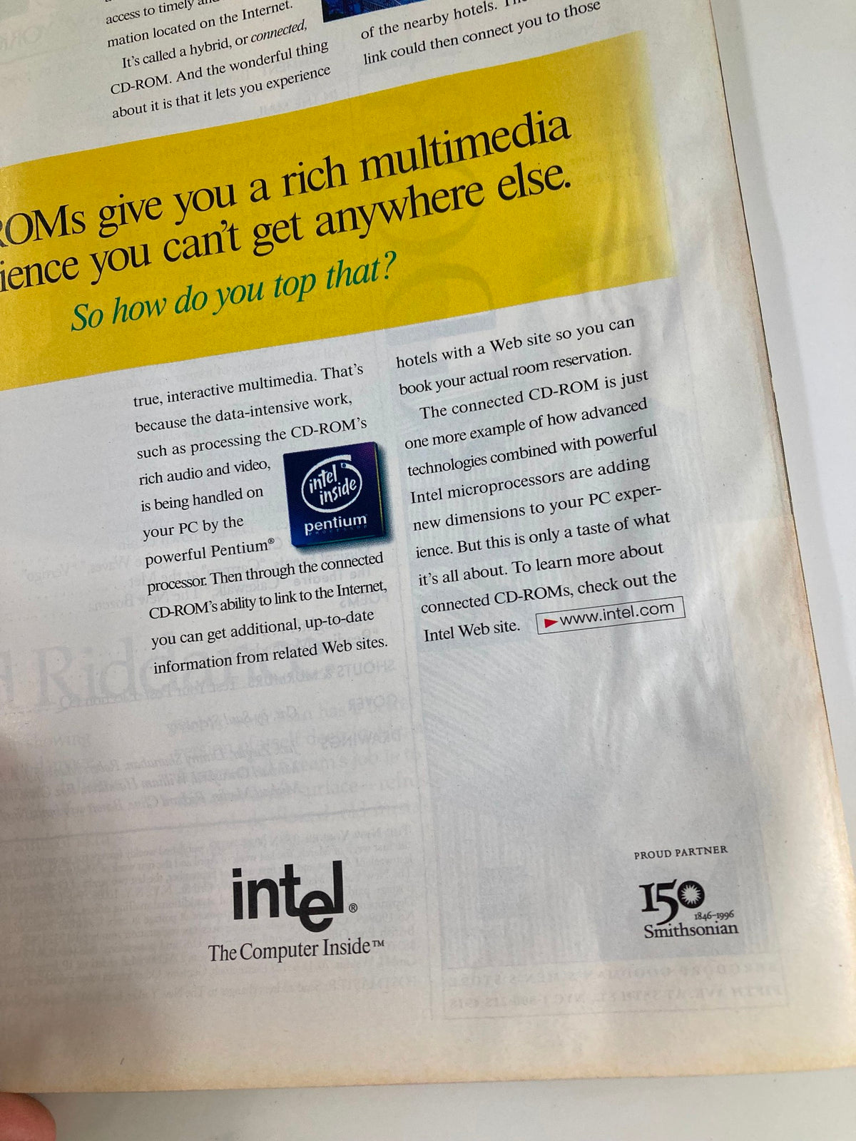 Page from The New Yorker magazine November 18, 1996, featuring an advertisement discussing the interactive capabilities of CD-ROMs, highlighting the Intel brand.