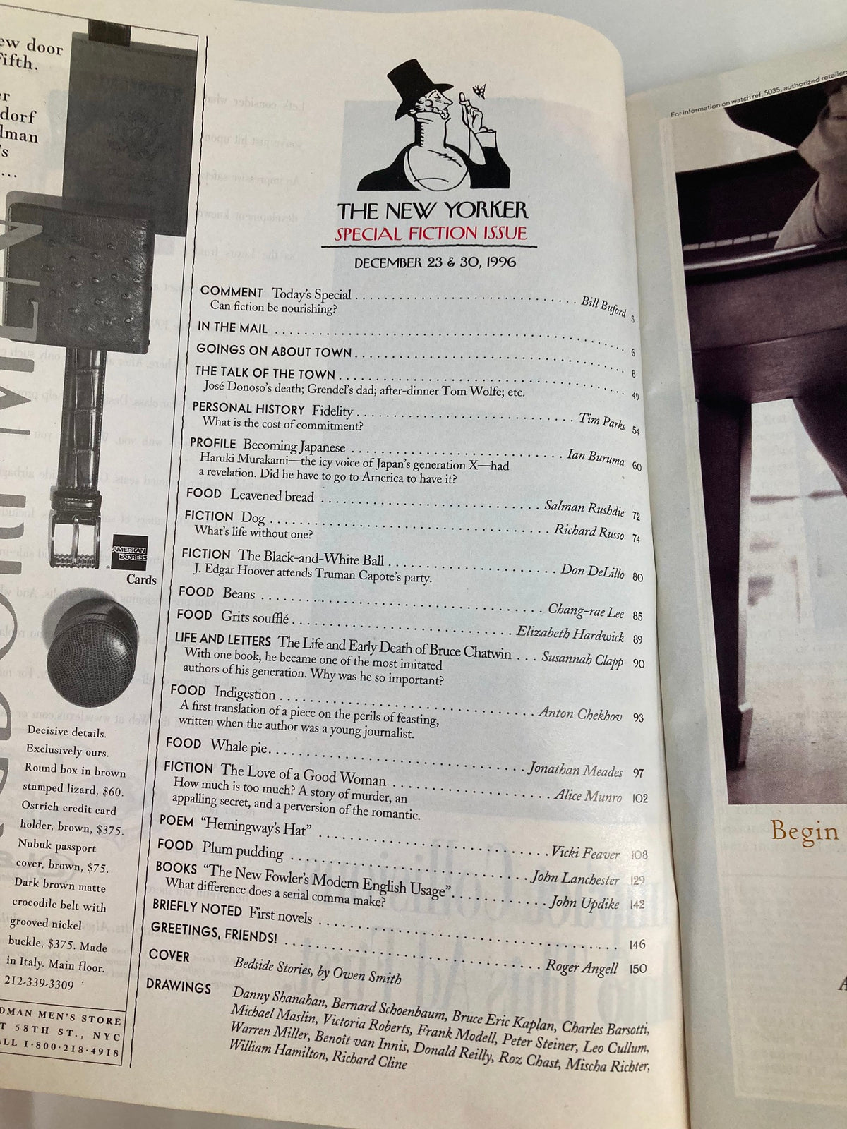 Table of contents page from The New Yorker Full Magazine December 23, 1996, highlighting the special fiction issue with a list of featured articles and authors.