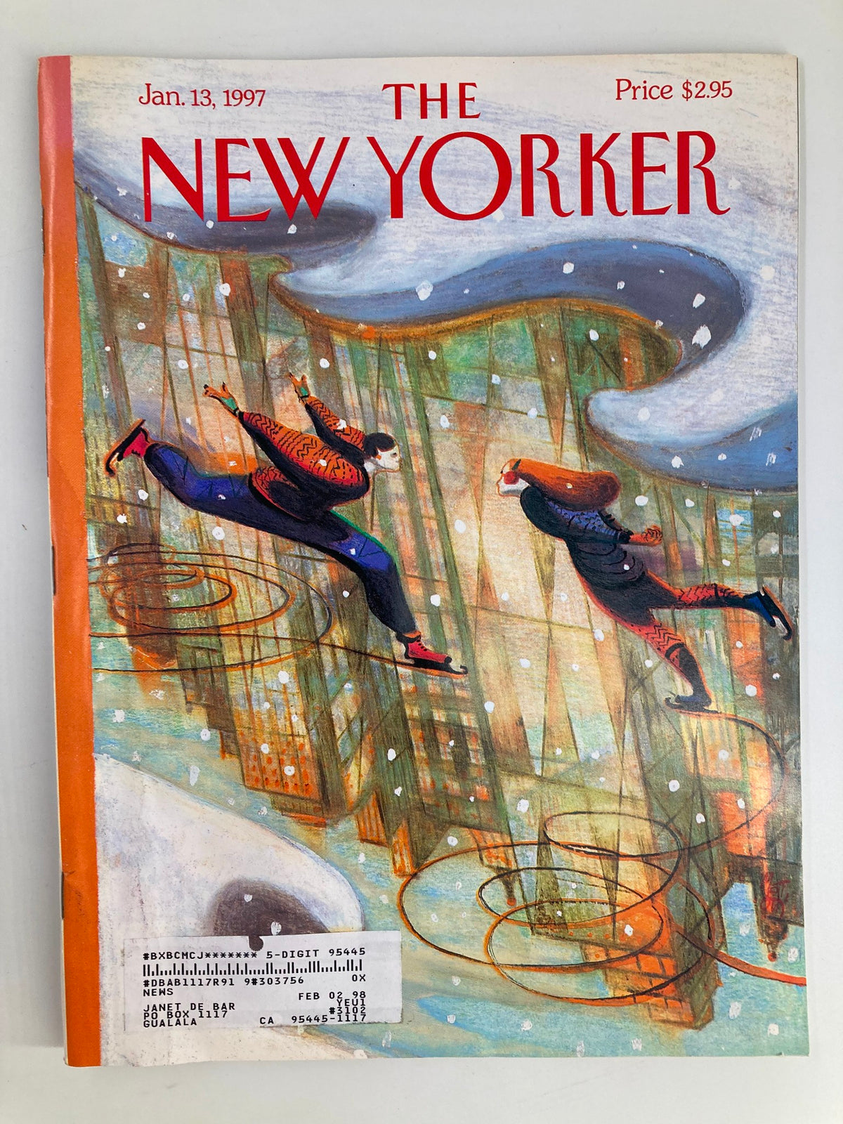 The New Yorker Full Magazine January 13 1997 cover featuring 'City Skate' by Lorenzo Mattotti, depicting two skaters in a winter scene with contemporary architecture.