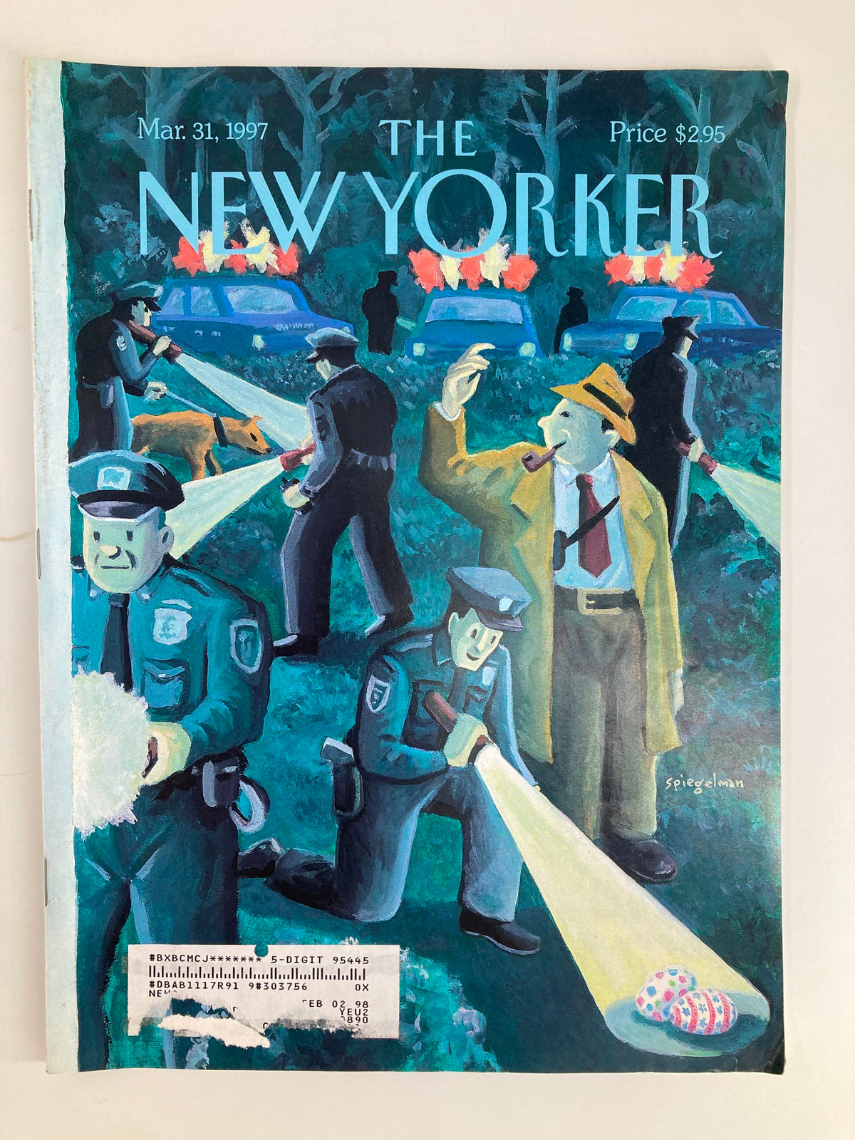 Cover of The New Yorker magazine, dated March 31, 1997, featuring the artwork 'Hardboiled Egg Hunt' by Art Spiegelman. The cover depicts police officers searching in a dimly lit area, highlighting themes of intrigue and humor.