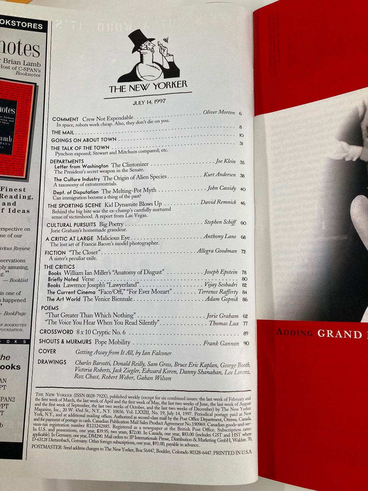 Interior page of The New Yorker magazine, July 14, 1997, displaying the table of contents, including various articles and highlights from the issue featuring 'Getting Away from It All' by I. Falconer.