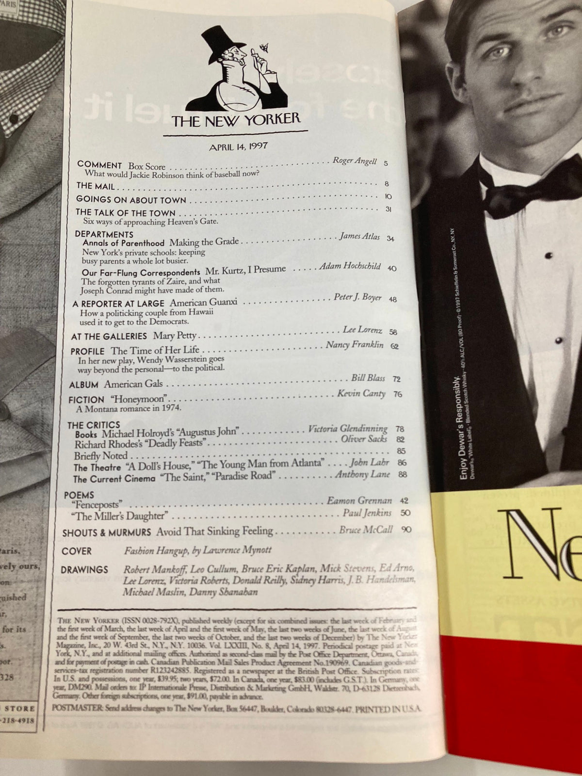 Interior page of The New Yorker magazine from April 14, 1997, displaying the table of contents including the article 'Fashion Hangup' by Lawrence Mynott, reflecting the layout and design typical of classic New Yorker publications.