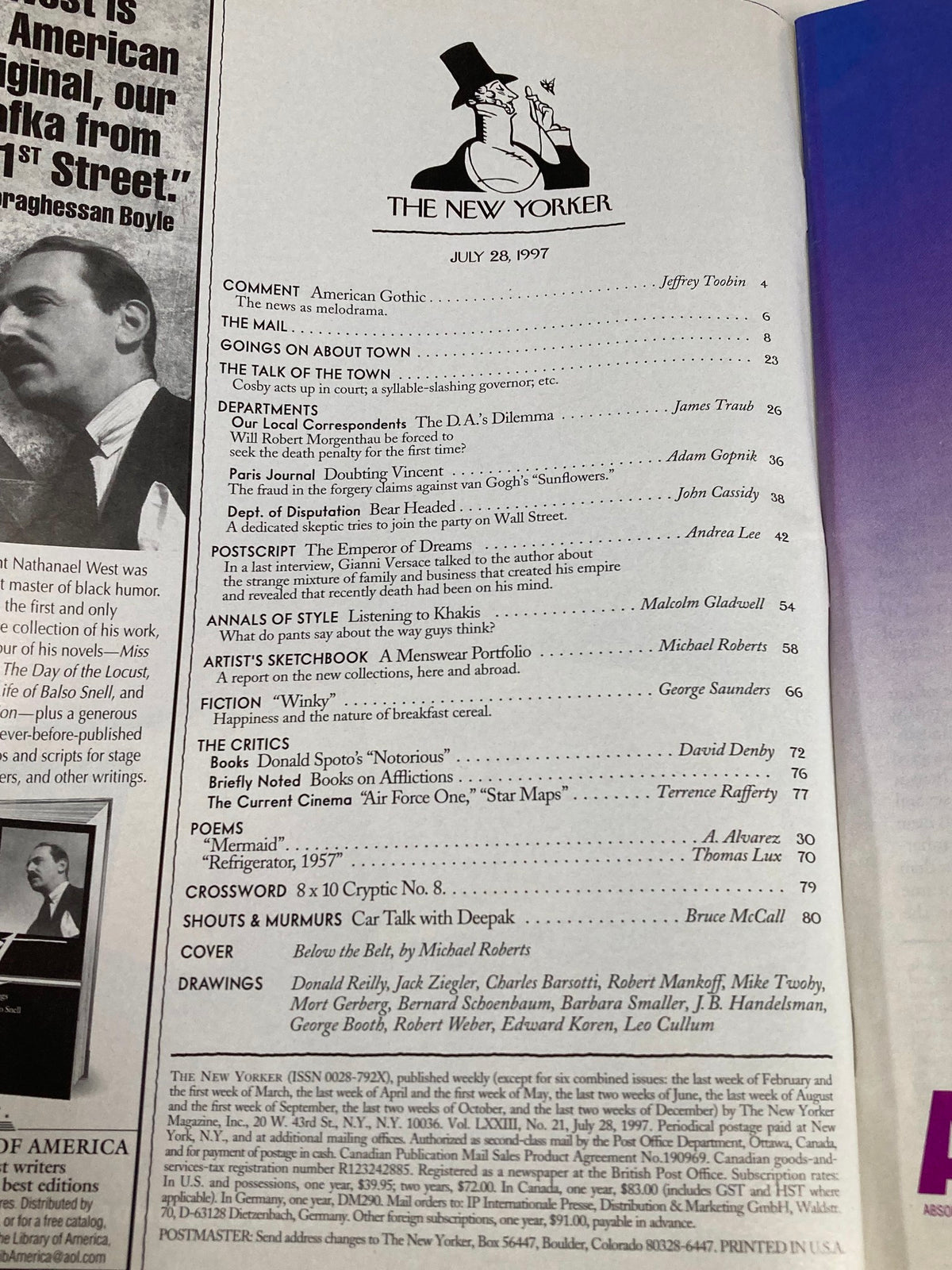 An interior page of The New Yorker magazine dated July 28, 1997, highlighting the table of contents including articles and illustrations, with emphasis on the cover story "Below the Belt" by Michael Roberts.