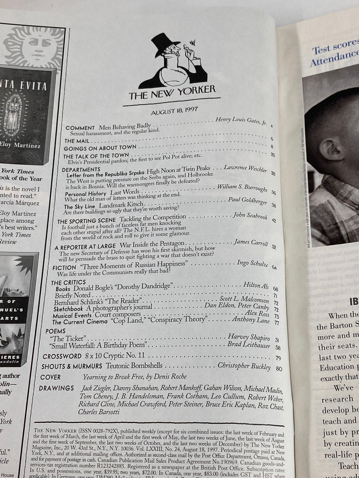 The New Yorker Full Magazine August 18, 1997 contents page showcasing various articles, including 'Yearning to Break Free' by D. Roche, highlighting literary contributions and the magazine's cultural commentary.