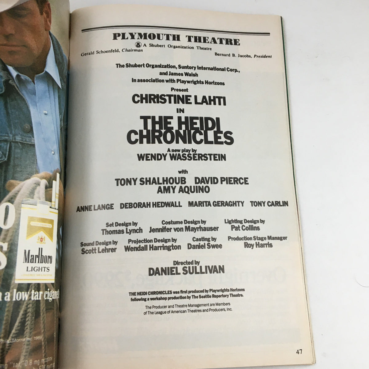 1989 Playbill for The Heidi Chronicles at Plymouth Theatre featuring Christine Lahti and details of the cast and creative team.