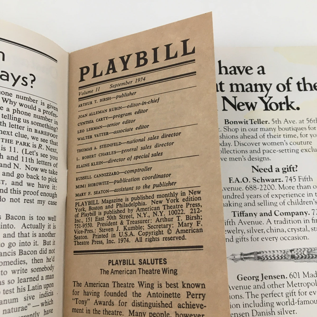 Inside page of the 1974 Playbill for The Magic Show, showcasing publication information and advertorial content related to theater and entertainment.